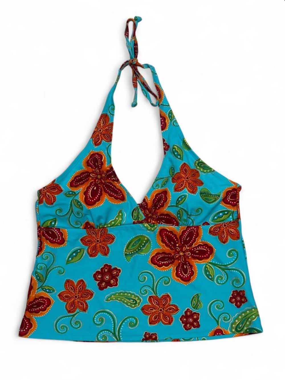 blue and orange floral tankini halter top